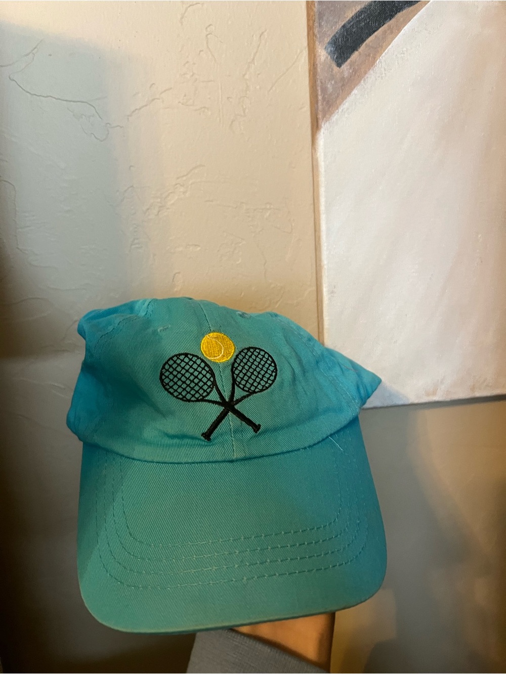 Teal Tennis Cap with Embroidered Rackets and Yellow Ball